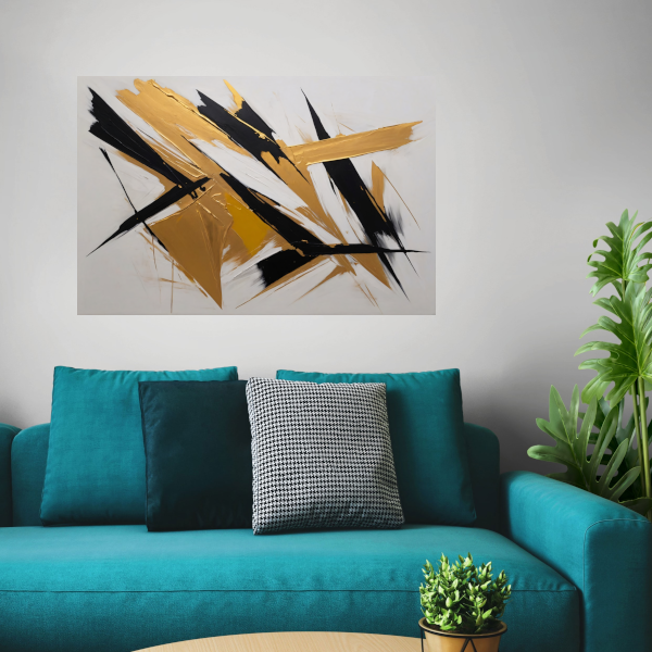 Dynamische Abstractie in Goud en Zwart canvas met baklijst