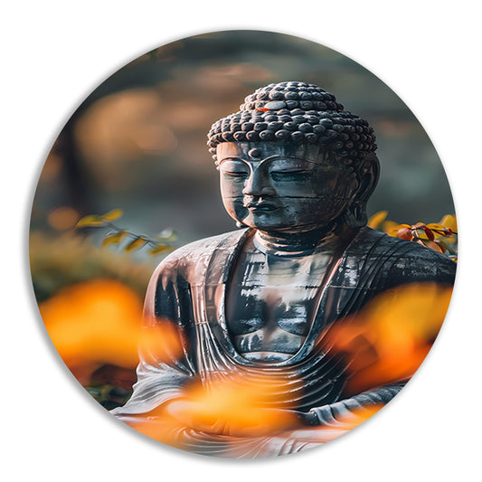 Meditatieve Boeddha in herfstachtige omgeving forex muurcirkel