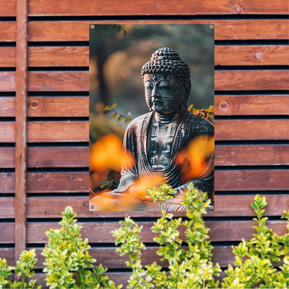 Meditatieve Boeddha in herfstachtige omgeving tuinposter