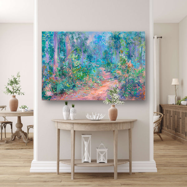 Betoverend schilderij van kleurrijk boslandschap canvas