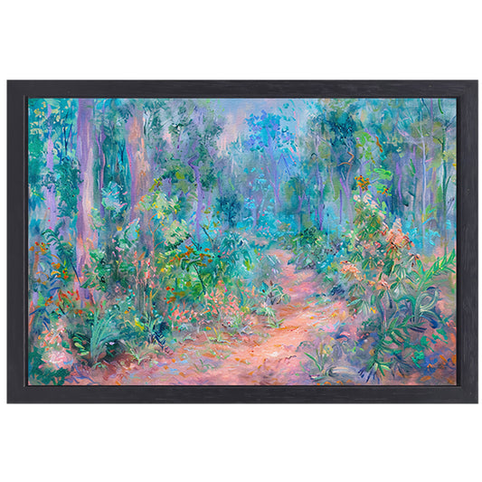 Betoverend schilderij van kleurrijk boslandschap canvas met baklijst