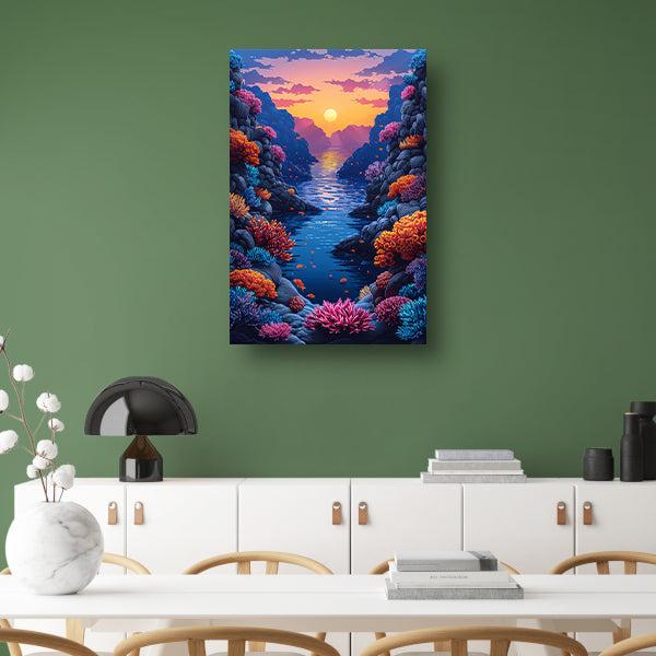 Kleurrijk koraalrif bij zonsondergang canvas met baklijst