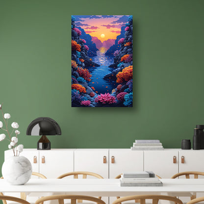 Kleurrijk koraalrif bij zonsondergang canvas met baklijst