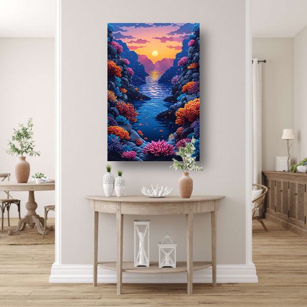 Kleurrijk koraalrif bij zonsondergang canvas met baklijst