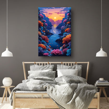 Kleurrijk koraalrif bij zonsondergang canvas met baklijst
