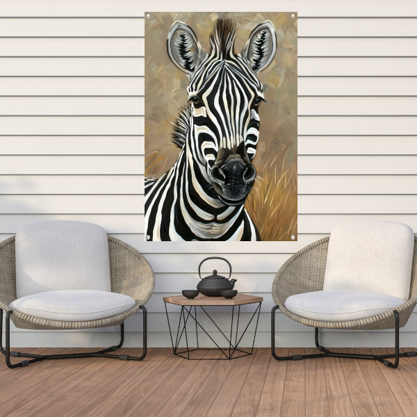 Gedetailleerd zebra schilderij in zwart-wit tuinposter