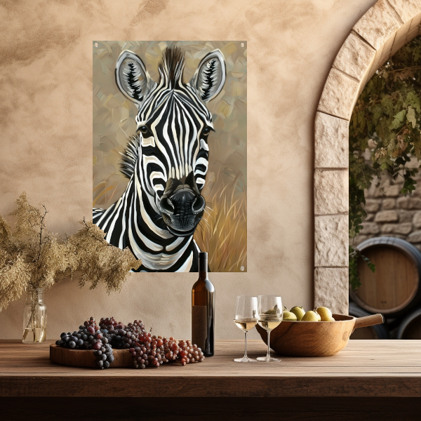 Gedetailleerd zebra schilderij in zwart-wit tuinposter