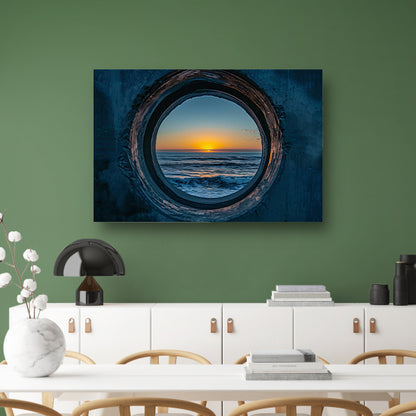 Zonsondergang door een ronde opening aan zee poster