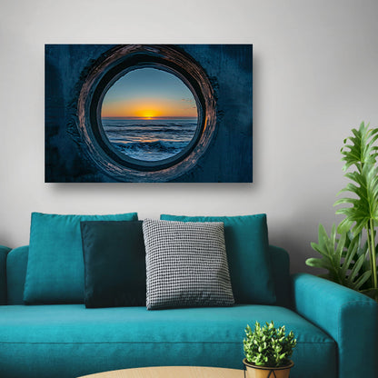 Zonsondergang door een ronde opening aan zee poster