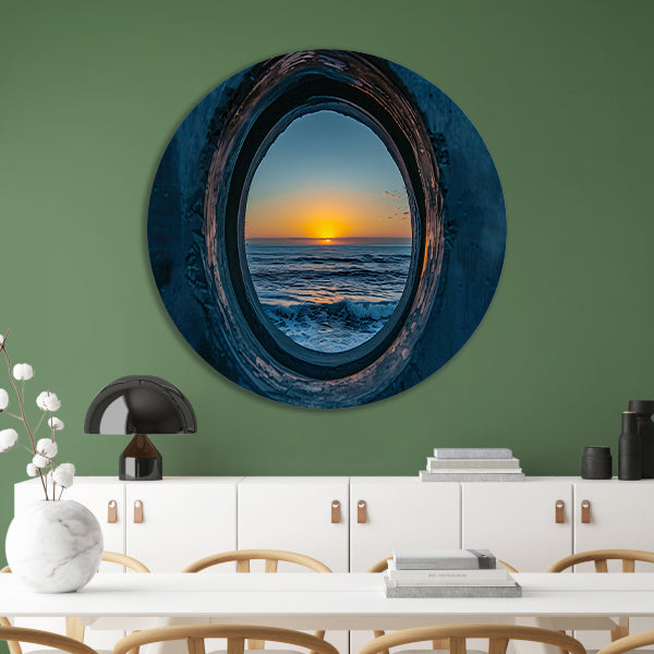 Zonsondergang door een ronde opening aan zee aluminium muurcirkel
