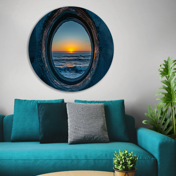 Zonsondergang door een ronde opening aan zee aluminium muurcirkel