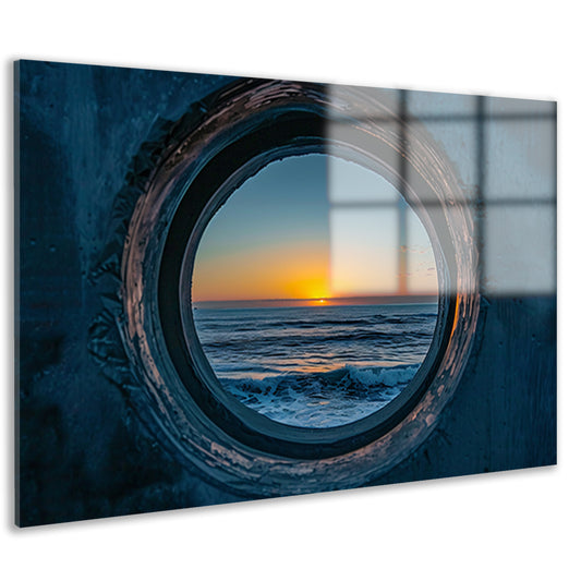 Zonsondergang door een ronde opening aan zee acrylglas