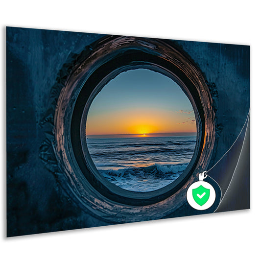 Zonsondergang door een ronde opening aan zee poster