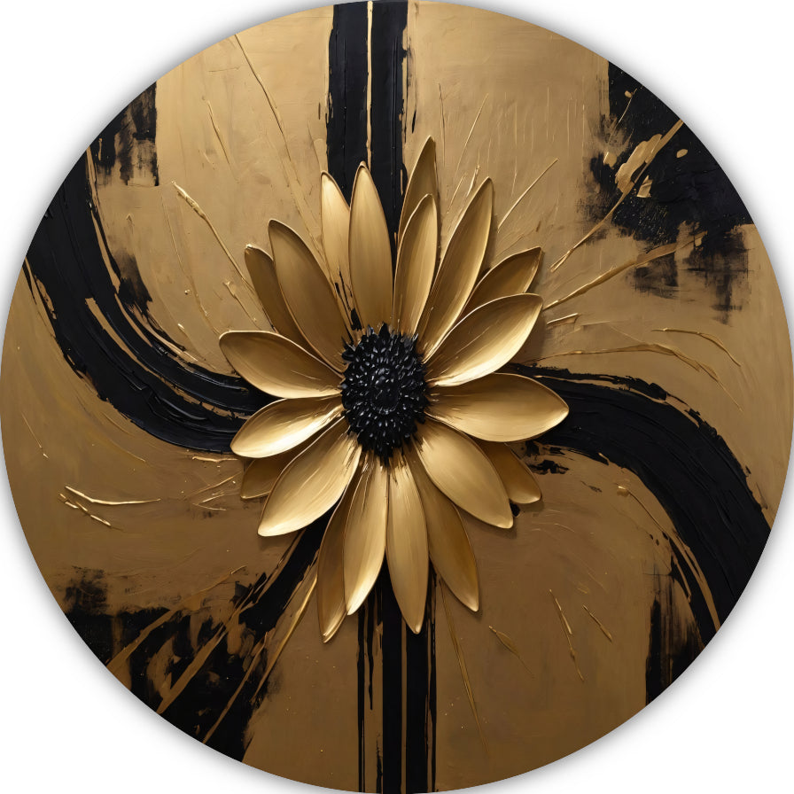 Gouden Bloem Abstract op Zwart Canvas aluminium muurcirkel