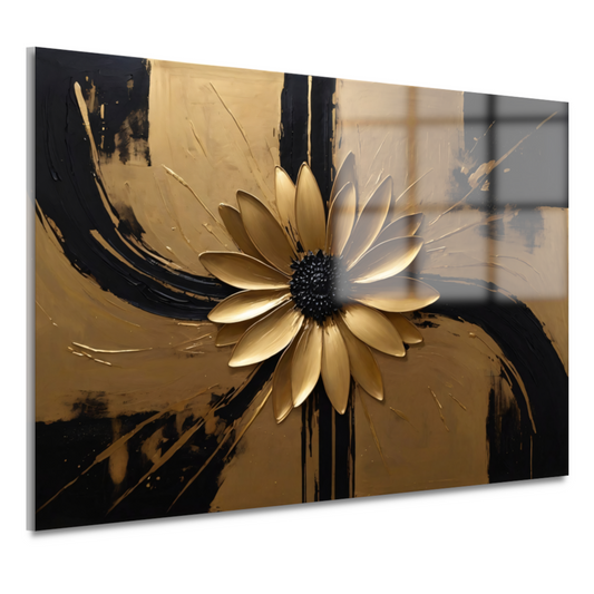 Gouden Bloem Abstract op Zwart Canvas acrylglas
