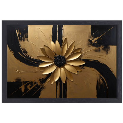 Gouden Bloem Abstract op Zwart Canvas canvas met baklijst