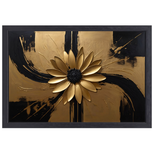 Gouden Bloem Abstract op Zwart Canvas canvas met baklijst