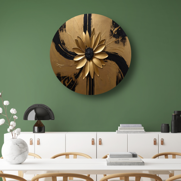 Gouden Bloem Abstract op Zwart forex muurcirkel