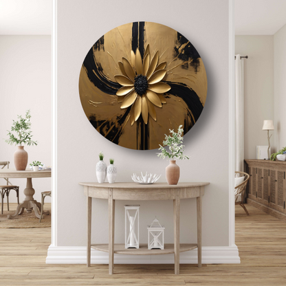 Gouden Bloem Abstract op Zwart forex muurcirkel