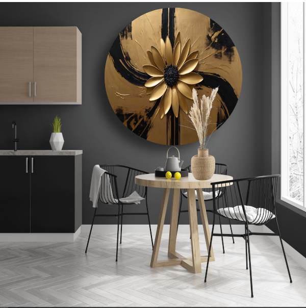 Gouden Bloem Abstract op Zwart forex muurcirkel