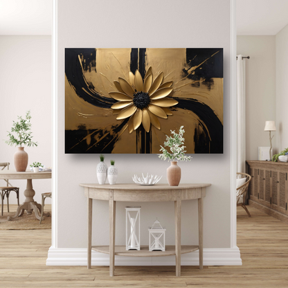 Gouden Bloem Abstract op Zwart Canvas poster
