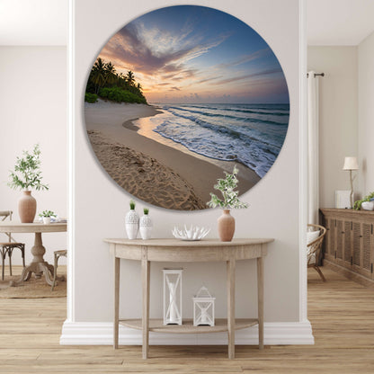 Prachtige zonsondergang aan rustig strand aluminium muurcirkel