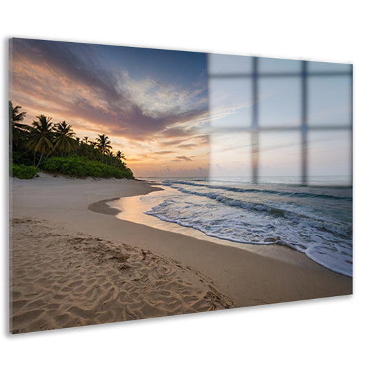 Prachtige zonsondergang aan rustig strand acrylglas
