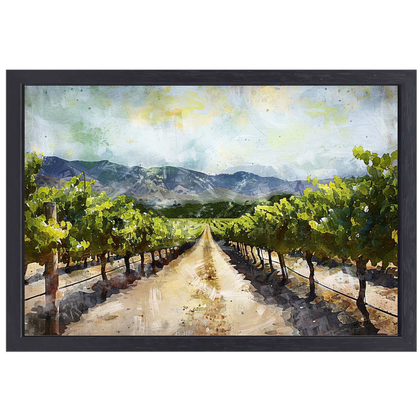 Zonovergoten wijngaard met bergzicht canvas met baklijst