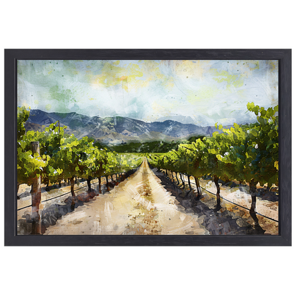 Zonovergoten wijngaard met bergzicht canvas met baklijst