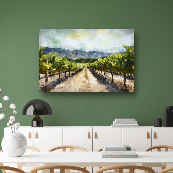 Zonovergoten wijngaard met bergzicht canvas met baklijst