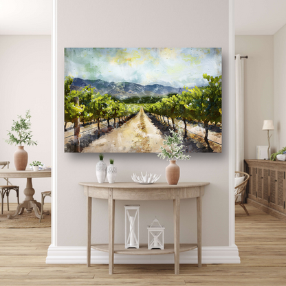 Zonovergoten wijngaard met bergzicht canvas met baklijst