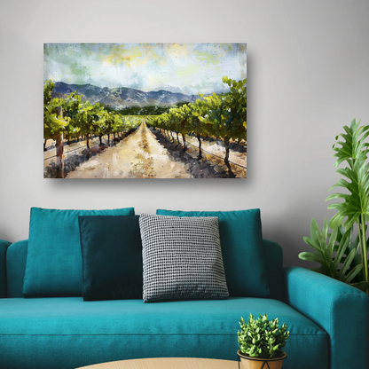 Zonovergoten wijngaard met bergzicht canvas met baklijst