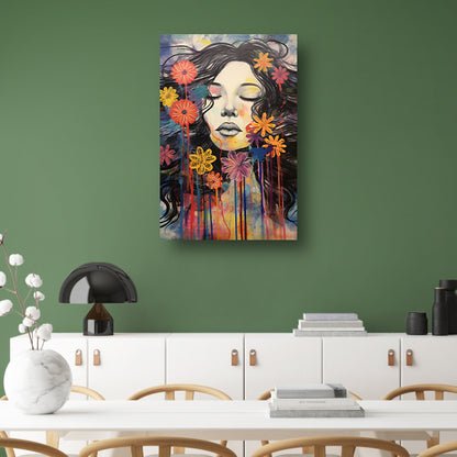 Slapende vrouw en kleurrijke bloemeneplosie canvas met baklijst