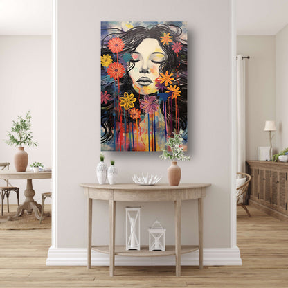 Slapende vrouw en kleurrijke bloemeneplosie canvas met baklijst