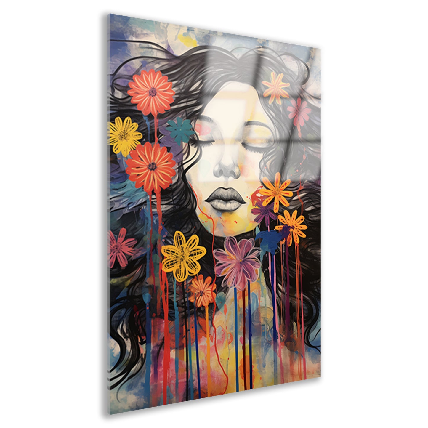 Slapende vrouw en kleurrijke bloemeneplosie Acrylglas