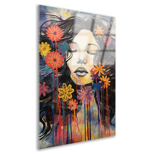 Slapende vrouw en kleurrijke bloemeneplosie Acrylglas