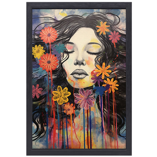 Slapende vrouw en kleurrijke bloemeneplosie canvas met baklijst