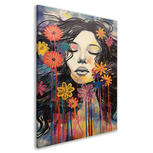 Slapende vrouw en kleurrijke bloemeneplosie canvas