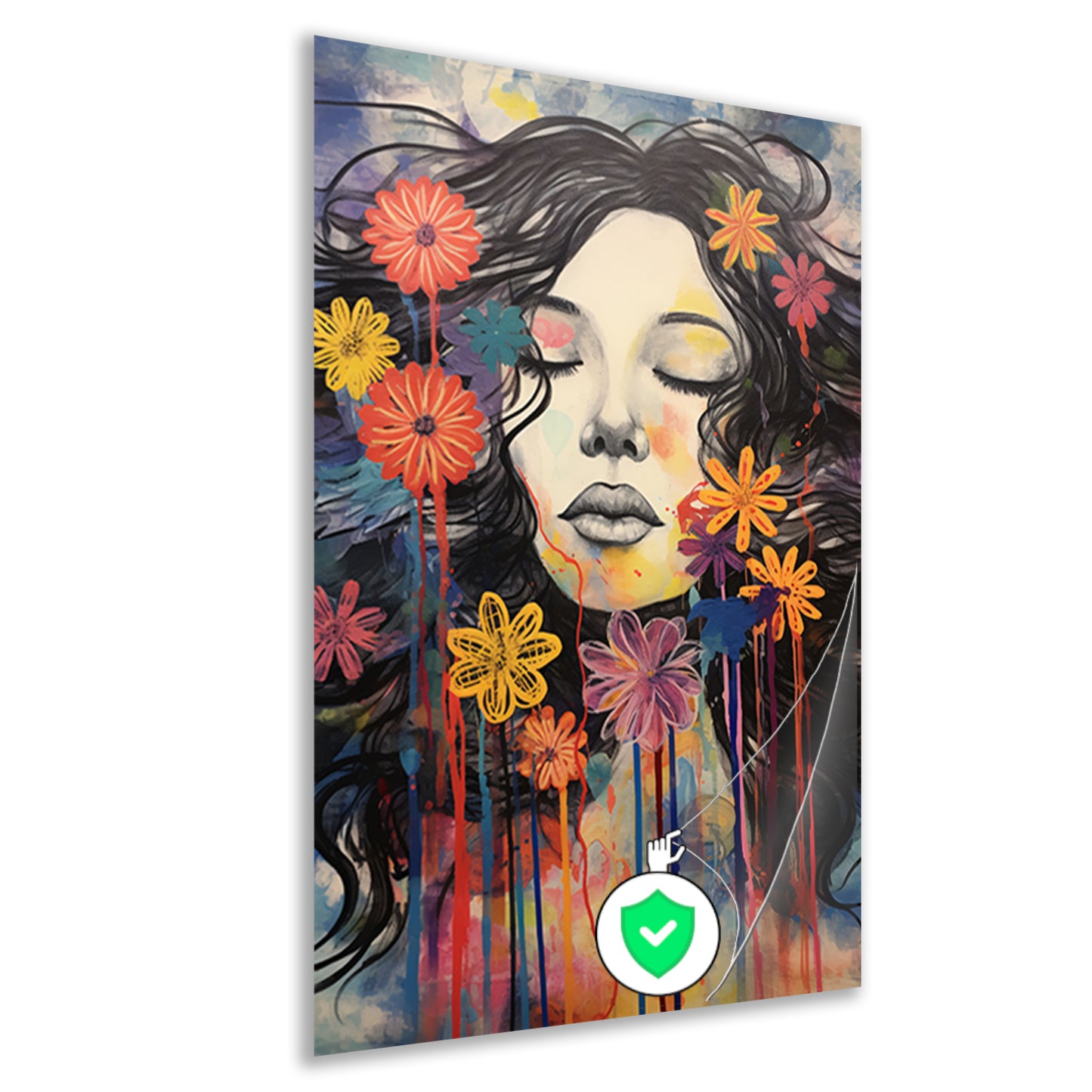 Slapende vrouw en kleurrijke bloemeneplosie poster