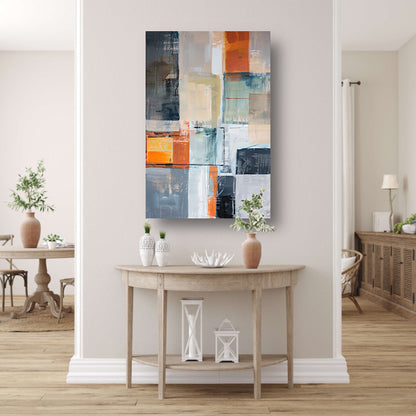 Abstract geometrisch schilderij met vierkanten en kleuren canvas met baklijst