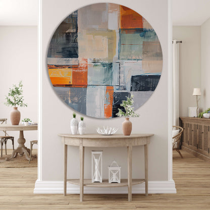Abstract geometrisch schilderij met vierkanten en kleuren aluminium muurcirkel