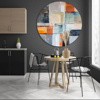 Abstract geometrisch schilderij met vierkanten en kleuren aluminium muurcirkel