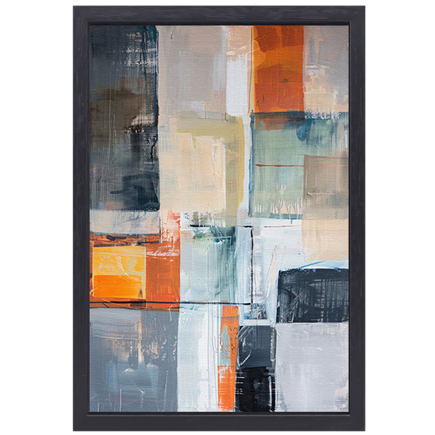 Abstract geometrisch schilderij met vierkanten en kleuren canvas met baklijst