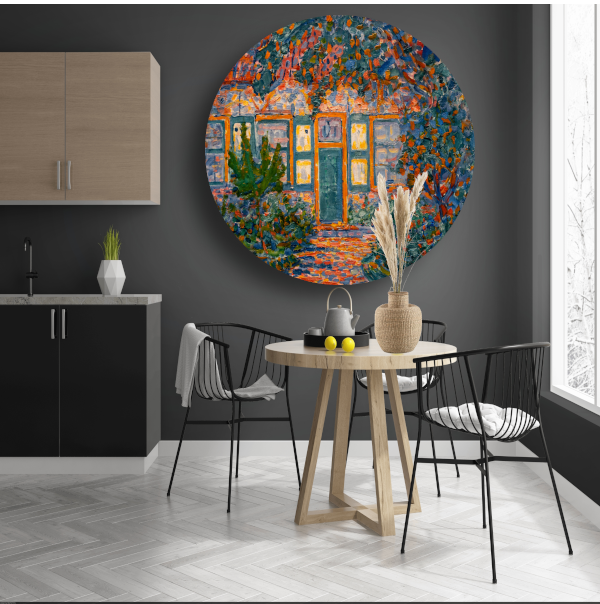 Kleine huis in de zon - Piet Mondriaan aluminium muurcirkel