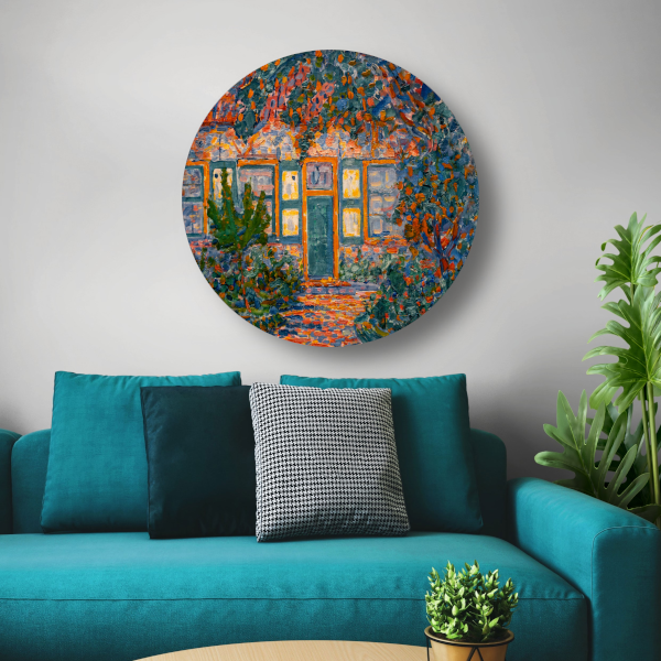 Kleine huis in de zon - Piet Mondriaan aluminium muurcirkel