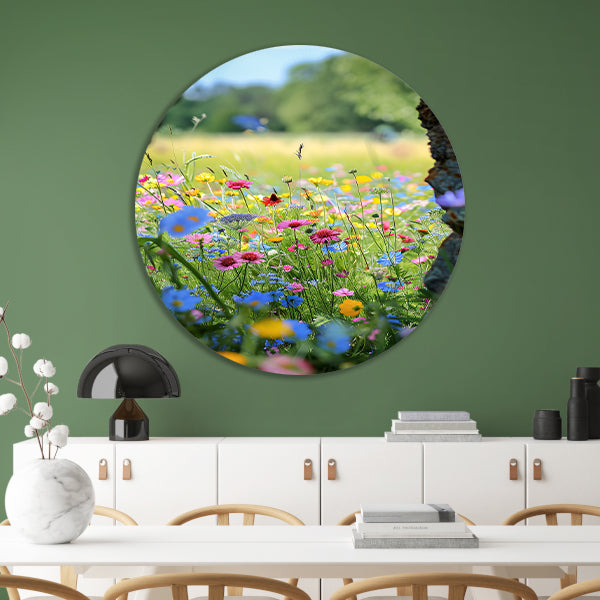 Bloemenzee met Vlinder in Zomer aluminium muurcirkel
