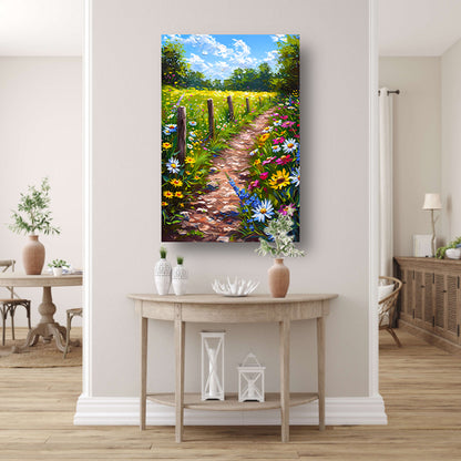 Schilderachtig bloemenpad in kleurrijk landschap canvas