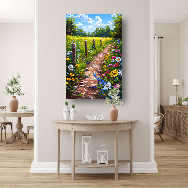 Schilderachtig bloemenpad in kleurrijk landschap acrylglas