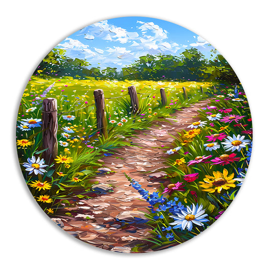 Schilderachtig bloemenpad in kleurrijk landschap aluminium muurcirkel