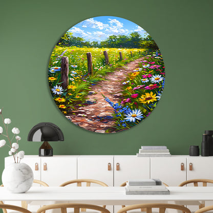 Schilderachtig bloemenpad in kleurrijk landschap aluminium muurcirkel